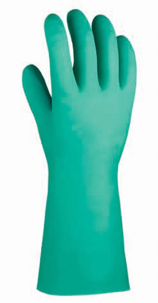 Grüner Gummi-Reinigungshandschuh aufrecht auf weißem Hintergrund dargestellt.