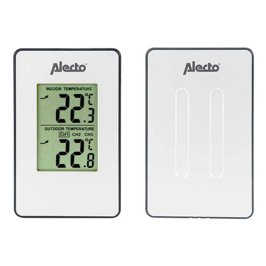 Alecto digitales Innen-/Außenthermometer, zeigt Innentemperatur von 22,3°C und Außentemperatur von 22,8°C auf dem Display an, mit der daneben abgebildeten Sensoreinheit.
