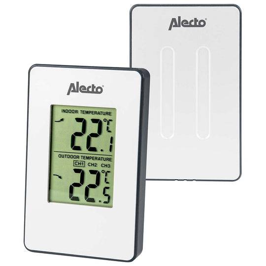 Alecto Funkthermometer-Display zeigt Innentemperatur 22,1°C und Außentemperatur 22,5°C an, mit Sensoreinheit dahinter.