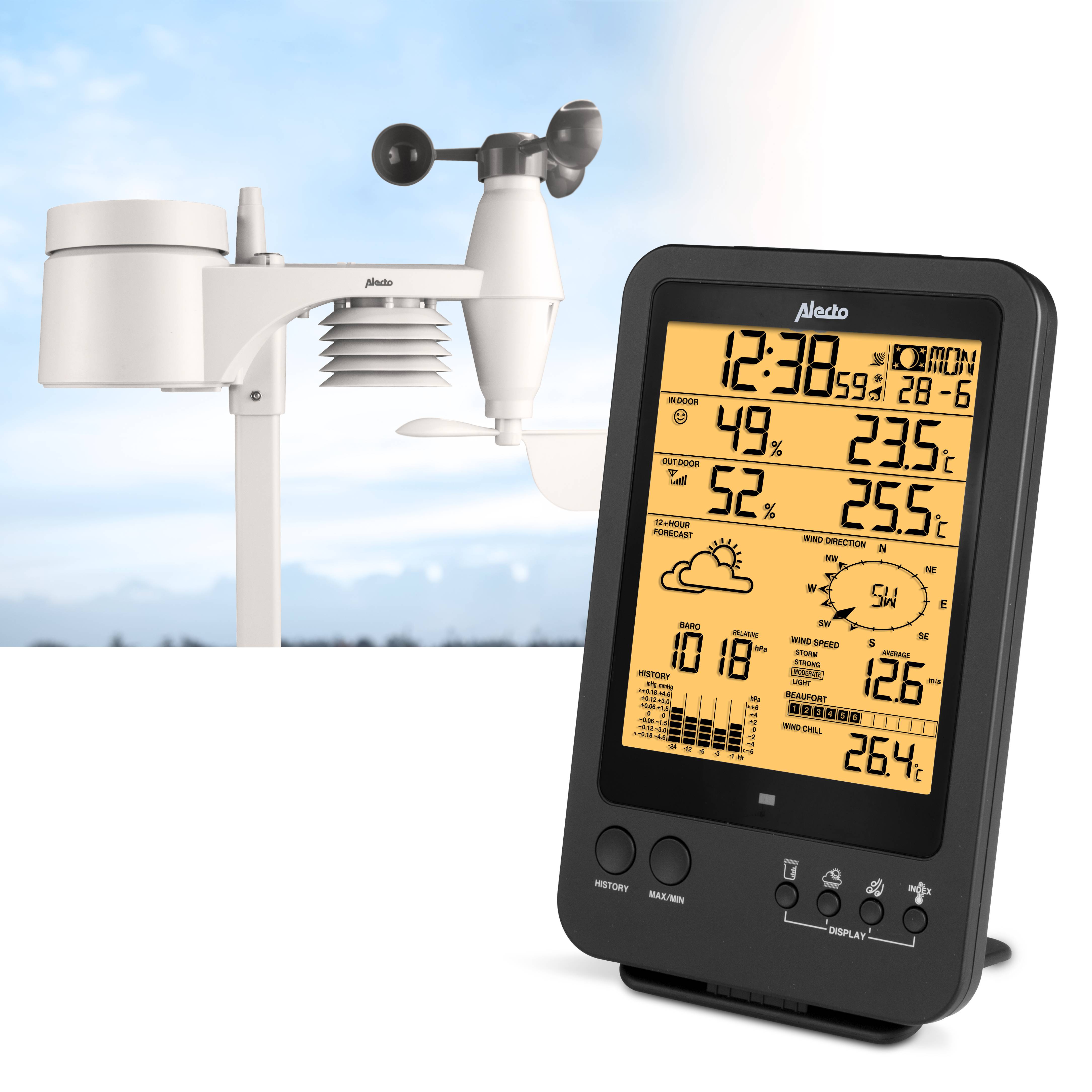 Alecto WS-4700 - Professionelle Wetterstation mit kabellosem Außensensor, schwarz