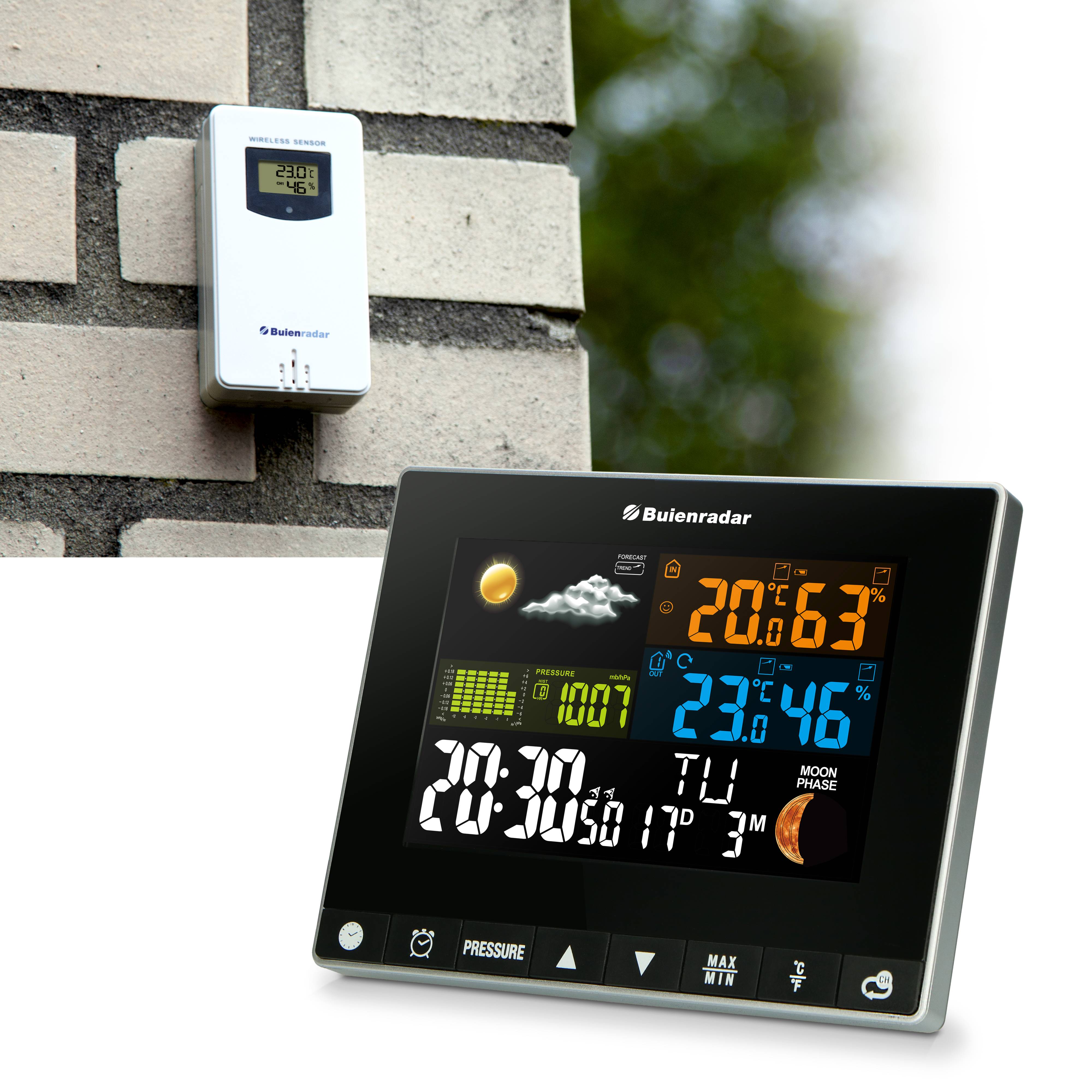 Buienradar BR700 - 3 in 1 Wetterstation mit kabellosem Außensensor, schwarz