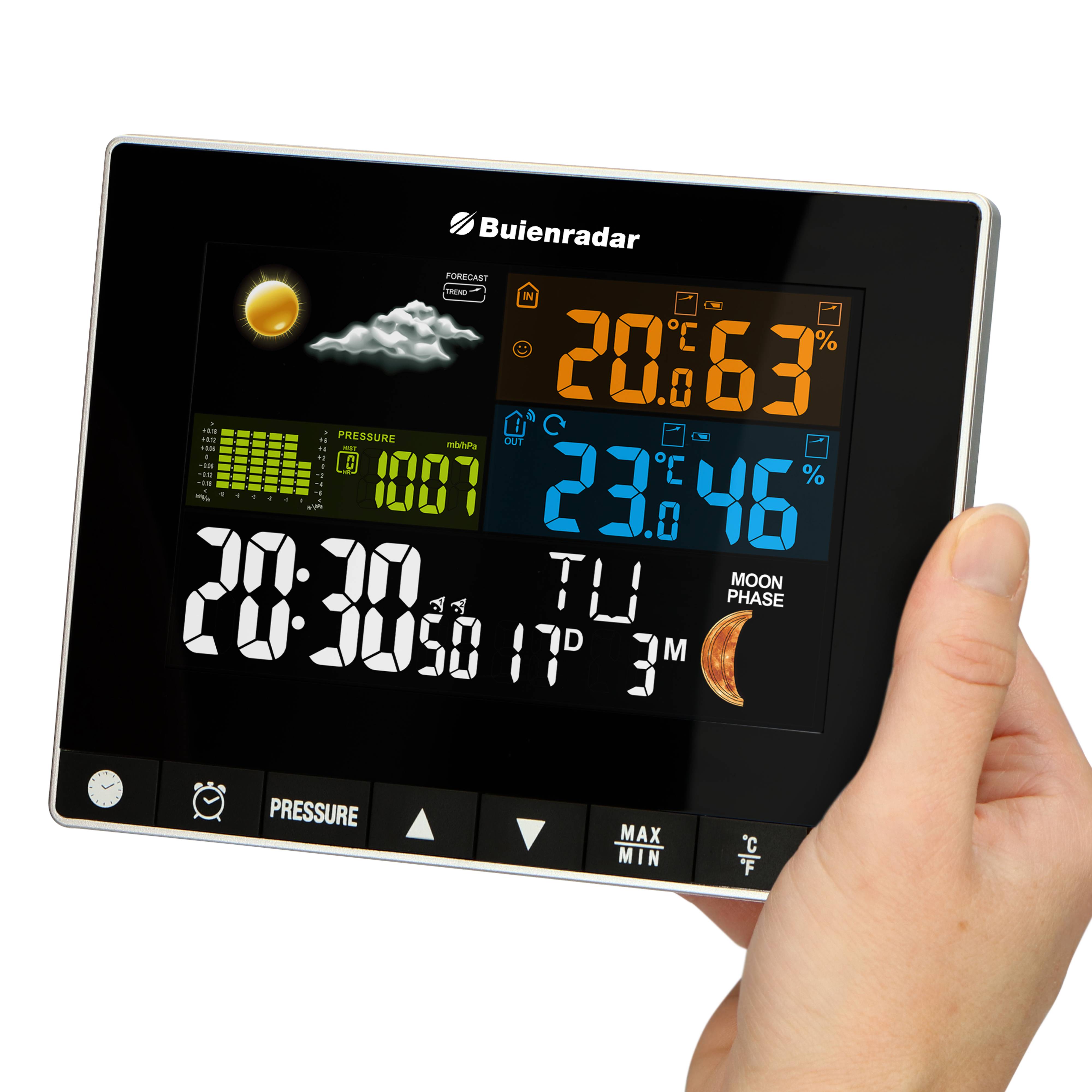 Buienradar BR700 - 3 in 1 Wetterstation mit kabellosem Außensensor, schwarz