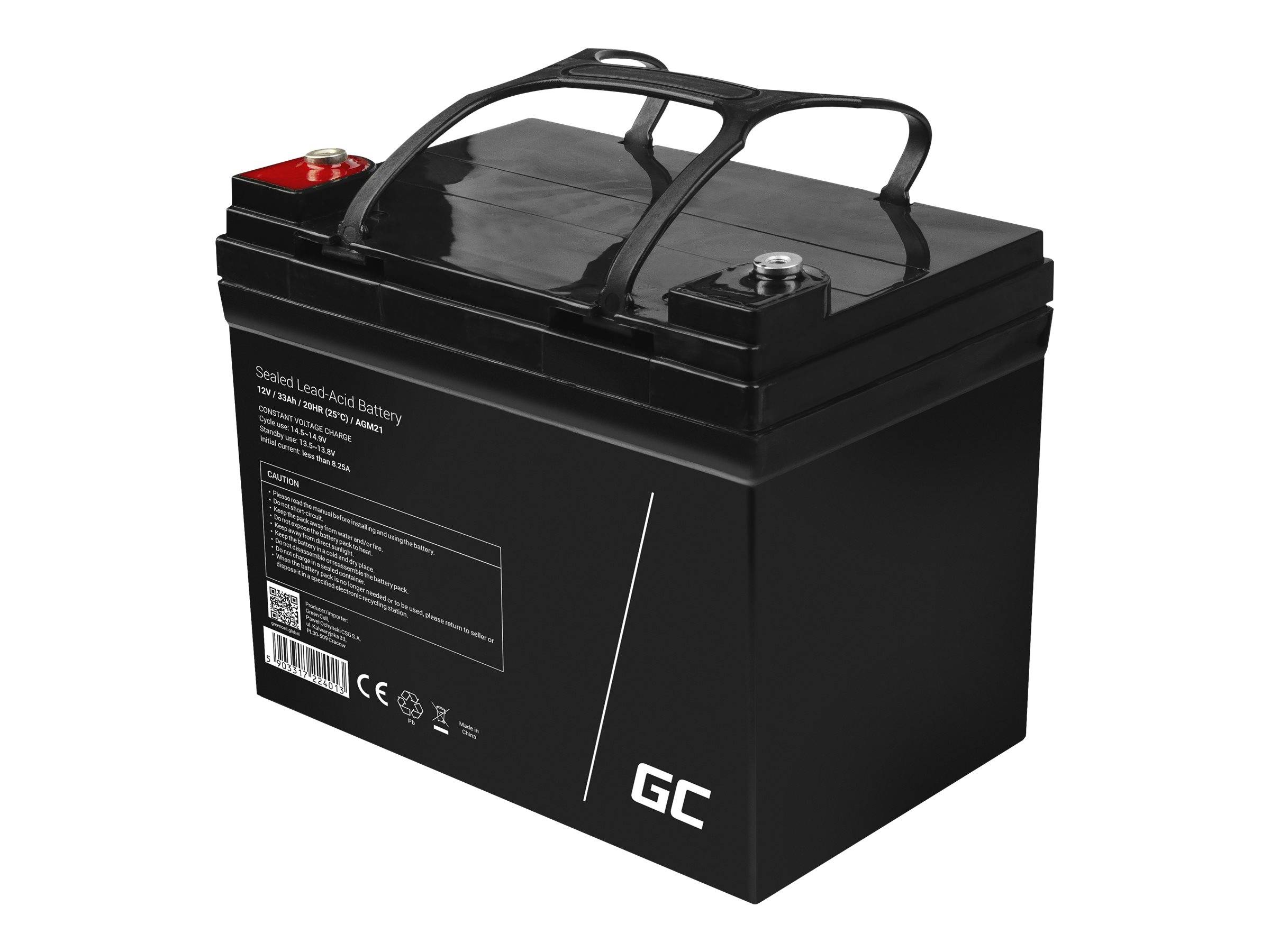 Schwarz versiegelte Blei-Säure-Batterie mit oberen Griffen und roten/grauen Anschlüssen, auf weißem Hintergrund mit sichtbarer Produktkennzeichnung dargestellt.