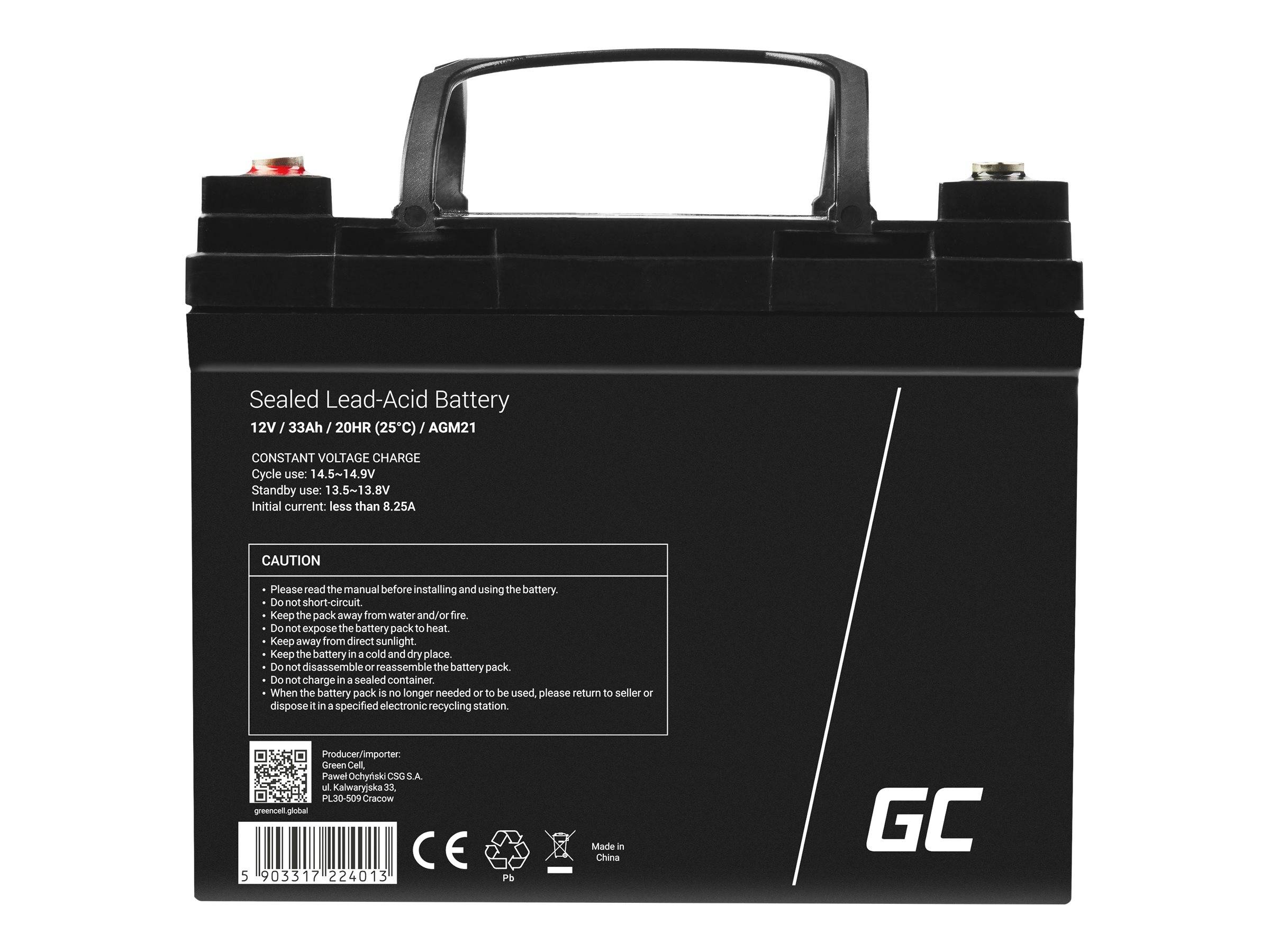 Schwarze versiegelte Blei-Säure-Batterie mit Griff und Anschlüssen, beschriftet mit 12V 33Ah und GC-Logo auf weißem Hintergrund.