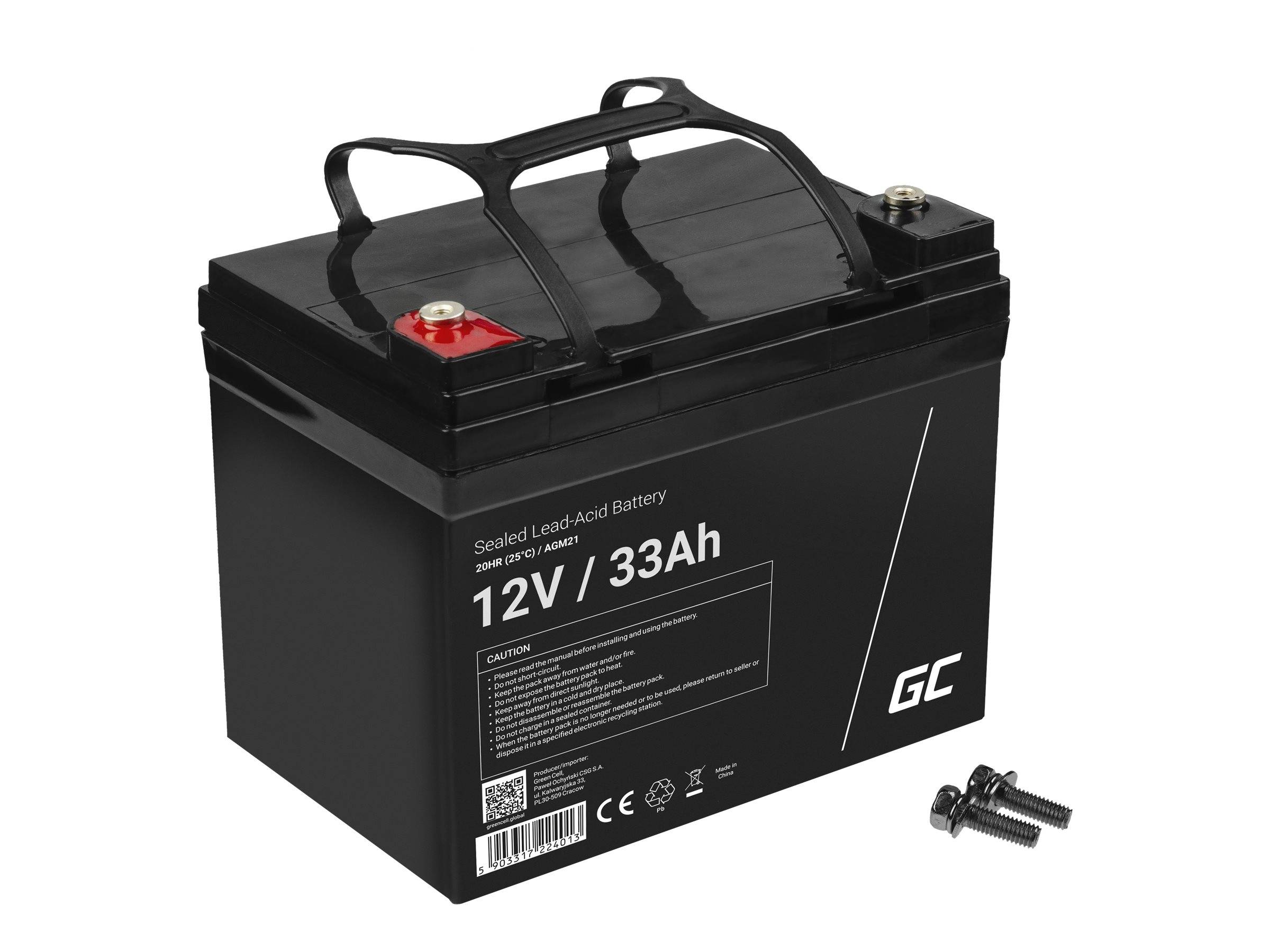 Schwarze 12V 33Ah versiegelte Blei-Säure-Batterie mit Tragegriff und Anschlussbolzen, dargestellt mit zwei Schrauben auf weißem Hintergrund.