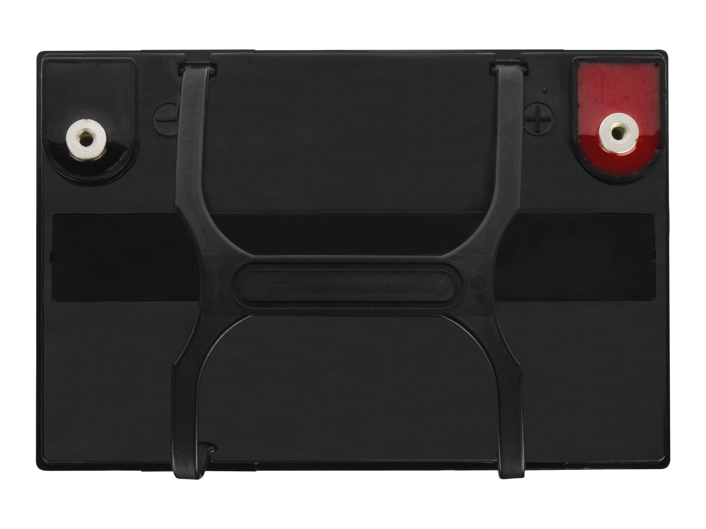 Schwarze rechteckige Batterie mit Griffen an der Oberseite und zwei Anschlussposten, ein roter positiver Anschluss auf der rechten Seite und ein schwarzer Anschluss auf der linken Seite.
