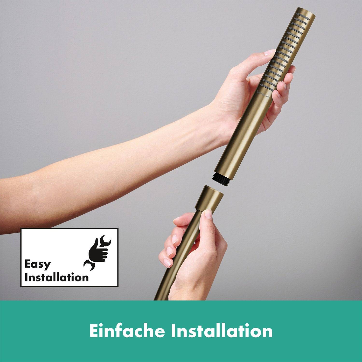 Hände montieren einen goldfarben Stab; Einschub sagt „Easy Installation