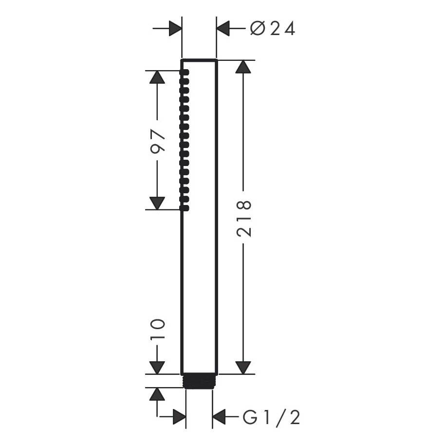 Technische Zeichnung eines zylindrischen Befestigungselements oder Rohrverschraubung mit den folgenden Abmessungen: 24 mm Durchmesser, 218 mm Gesamtlänge, 97 mm Gewindeabschnitt und G 1/2 Gewinde an der Basis.