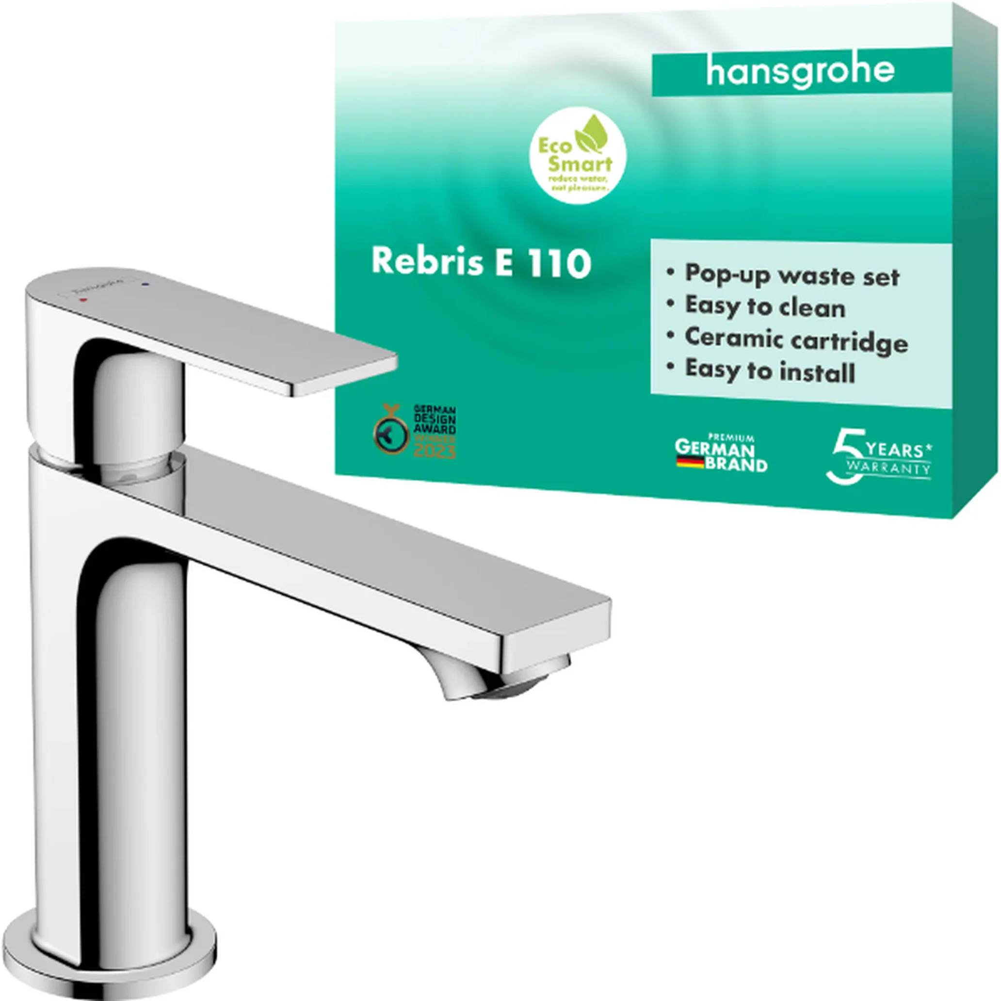 Hansgrohe Rebris E 110 Chromdesign-Badezimmerbatterie mit Verpackung, mit Pop-up-Ablaufgarnitur, einfache Reinigung, Keramikkartusche und 5 Jahre Garantie.