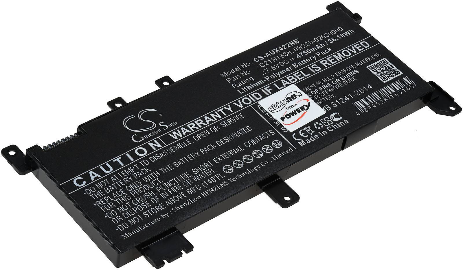 Powery Akku für Laptop Asus X442UF-3F, 7,6V, Li-Polymer