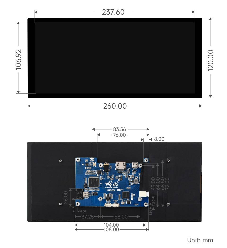WaveShare 10.4inch QLED Quantum Dot Display Capacitive Touch 1600x720 HDMI