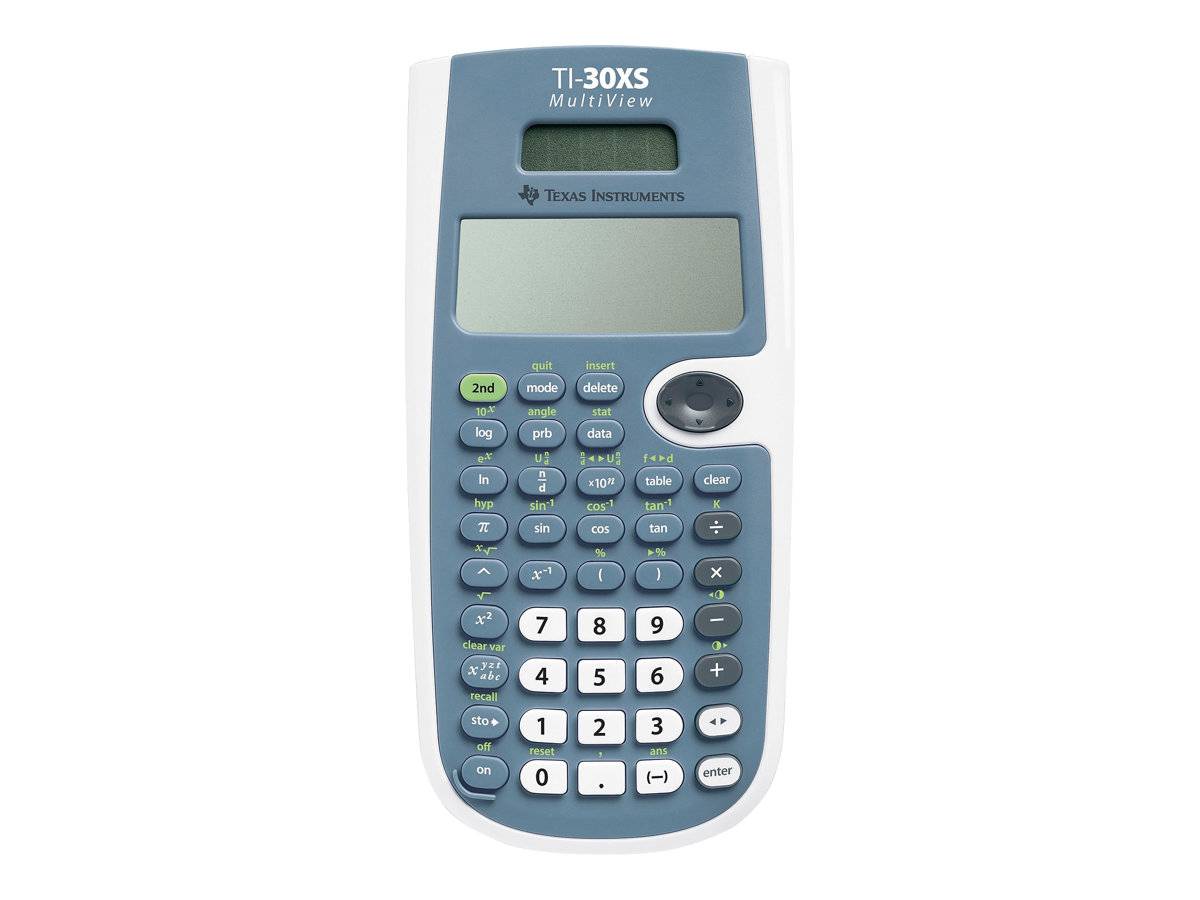 Blauer Texas Instruments TI-30XS MultiView Wissenschaftstaschenrechner mit Display und Tastatur auf weißem Hintergrund.