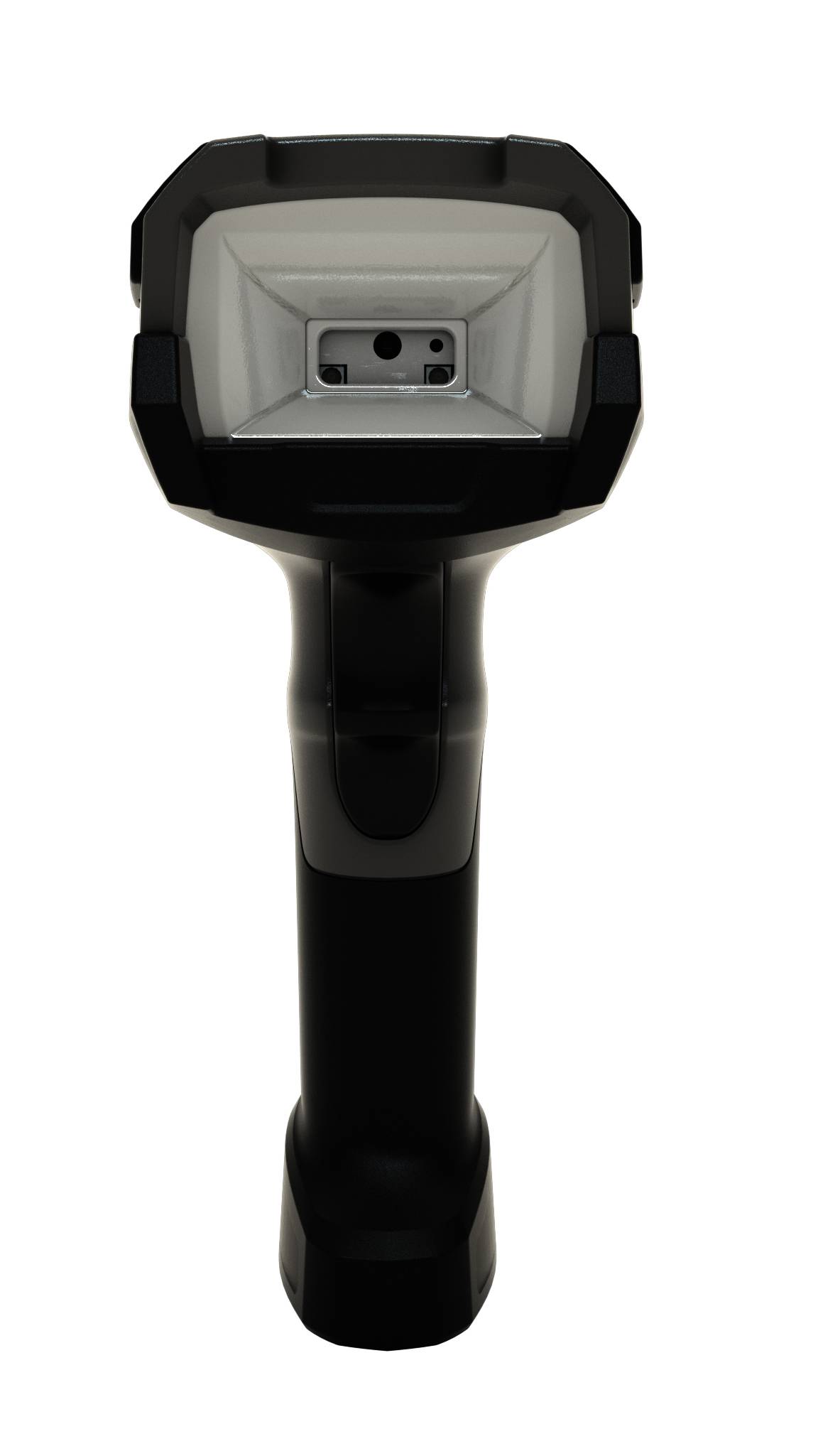 Schwarzer tragbarer Barcode-Scanner mit rechteckigem Kopf und Grifftaster, isoliert auf weißem Hintergrund dargestellt.