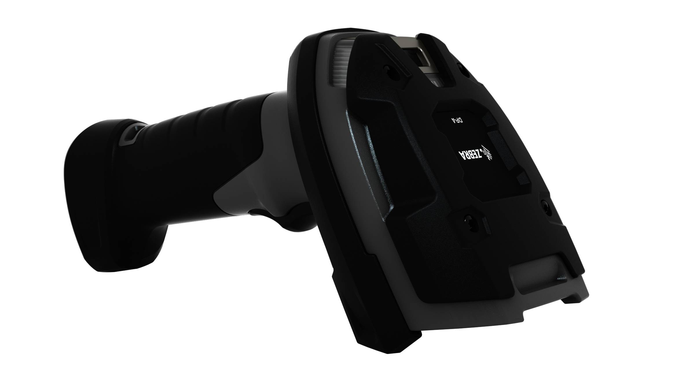 Tragbarer schwarzer Barcode-Scanner mit Pistolengriff, in Seitenansicht auf weißem Hintergrund dargestellt.