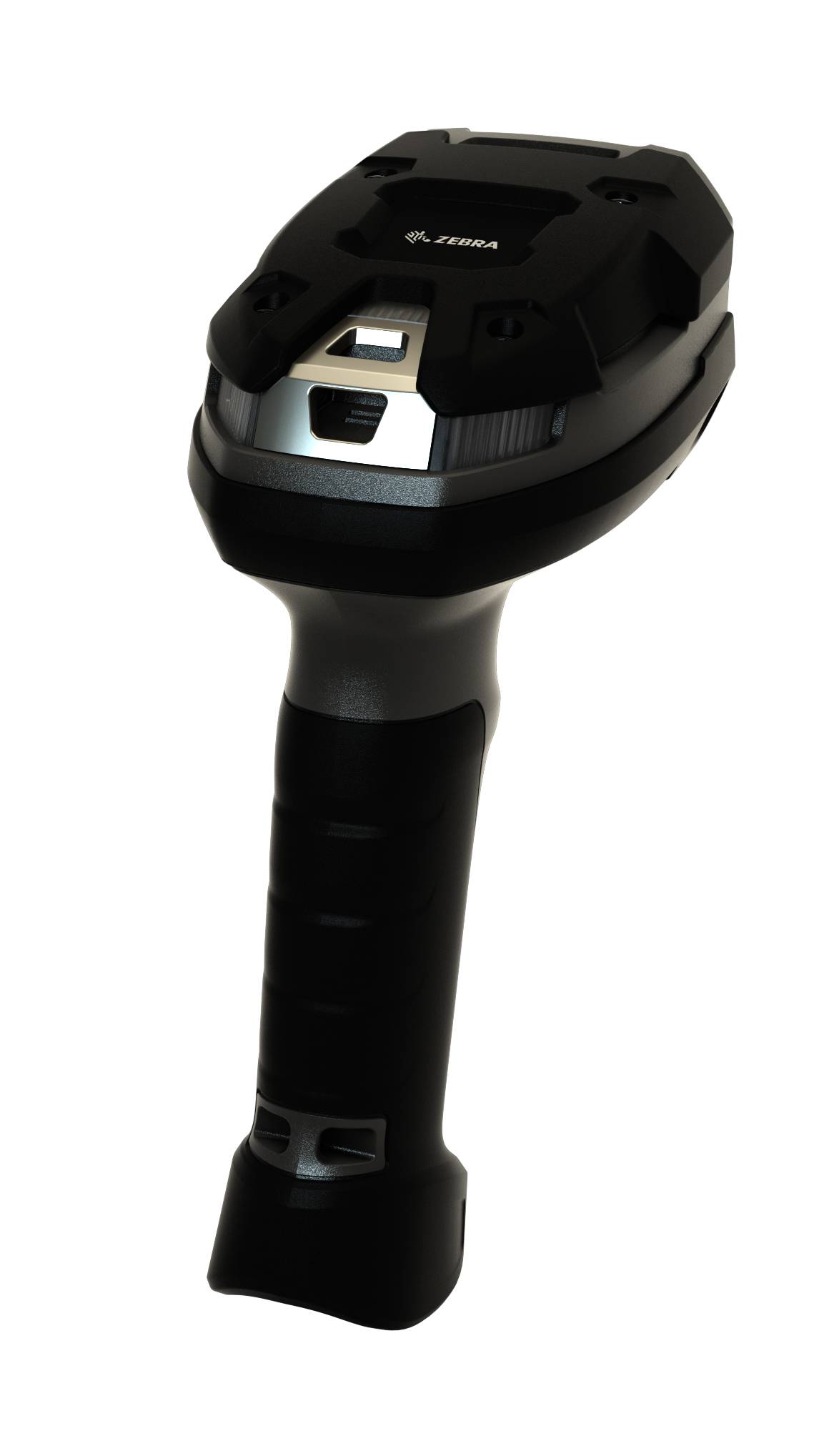 Schwarze tragbare Barcode-Scanner-Pistole mit Abzugsgriff, von vorne auf weißem Hintergrund betrachtet.