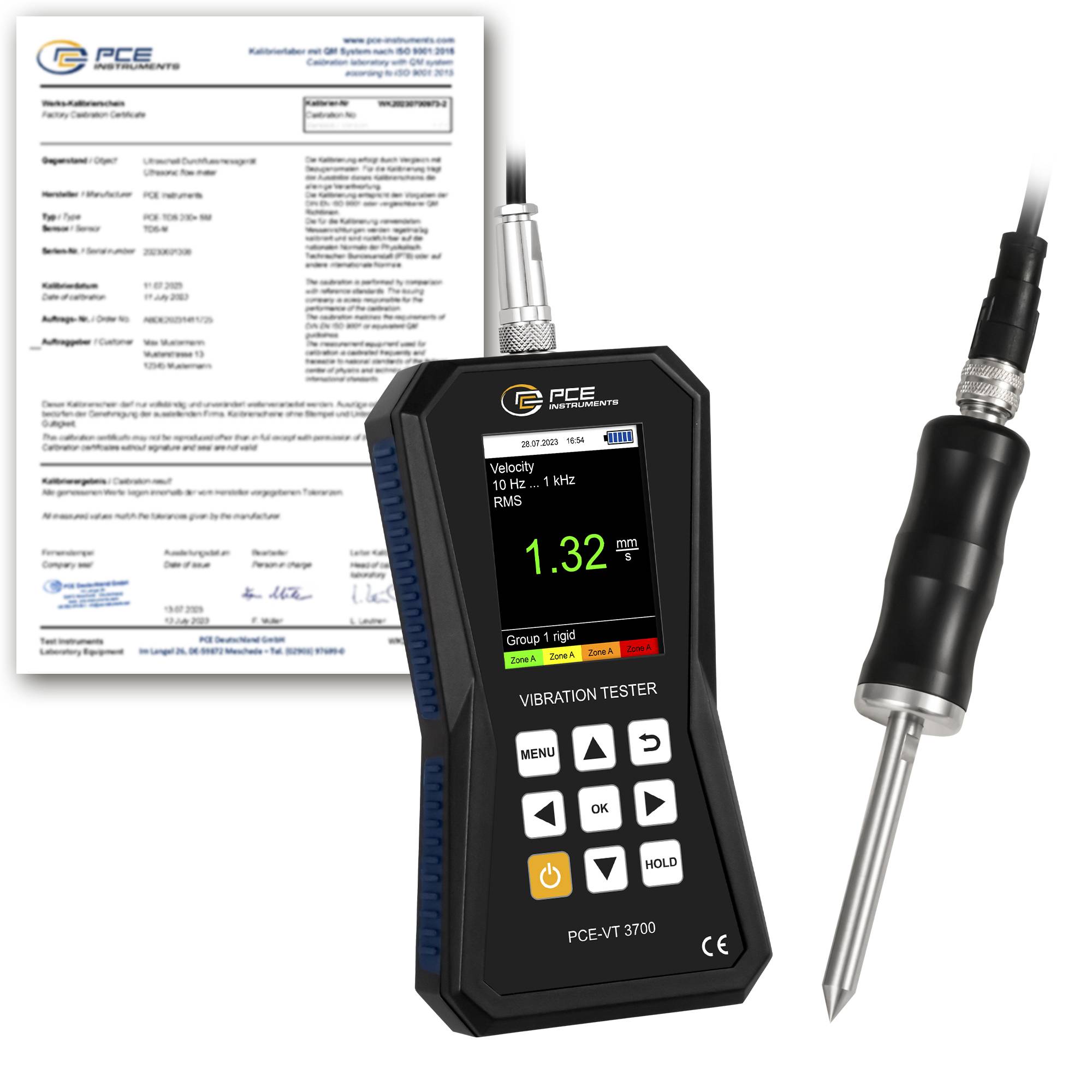PCE Instruments Vibrationsmessgerät PCE-VT 3700S-ICA inkl. ISO-Zertifikat |Nadelfühler |RMS|Peak|Peak-Peak|Crest-Faktor