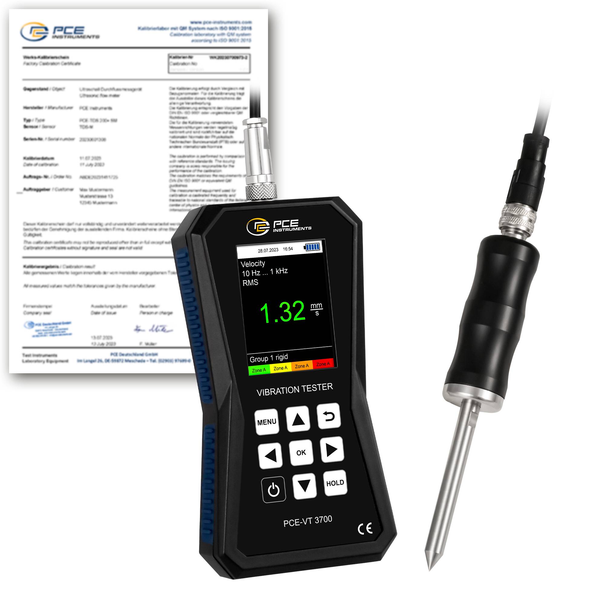 PCE Instruments Vibrationsmessgerät PCE-VT 3700S-ICA inkl. ISO-Zertifikat |Nadelfühler |RMS|Peak|Peak-Peak|Crest-Faktor