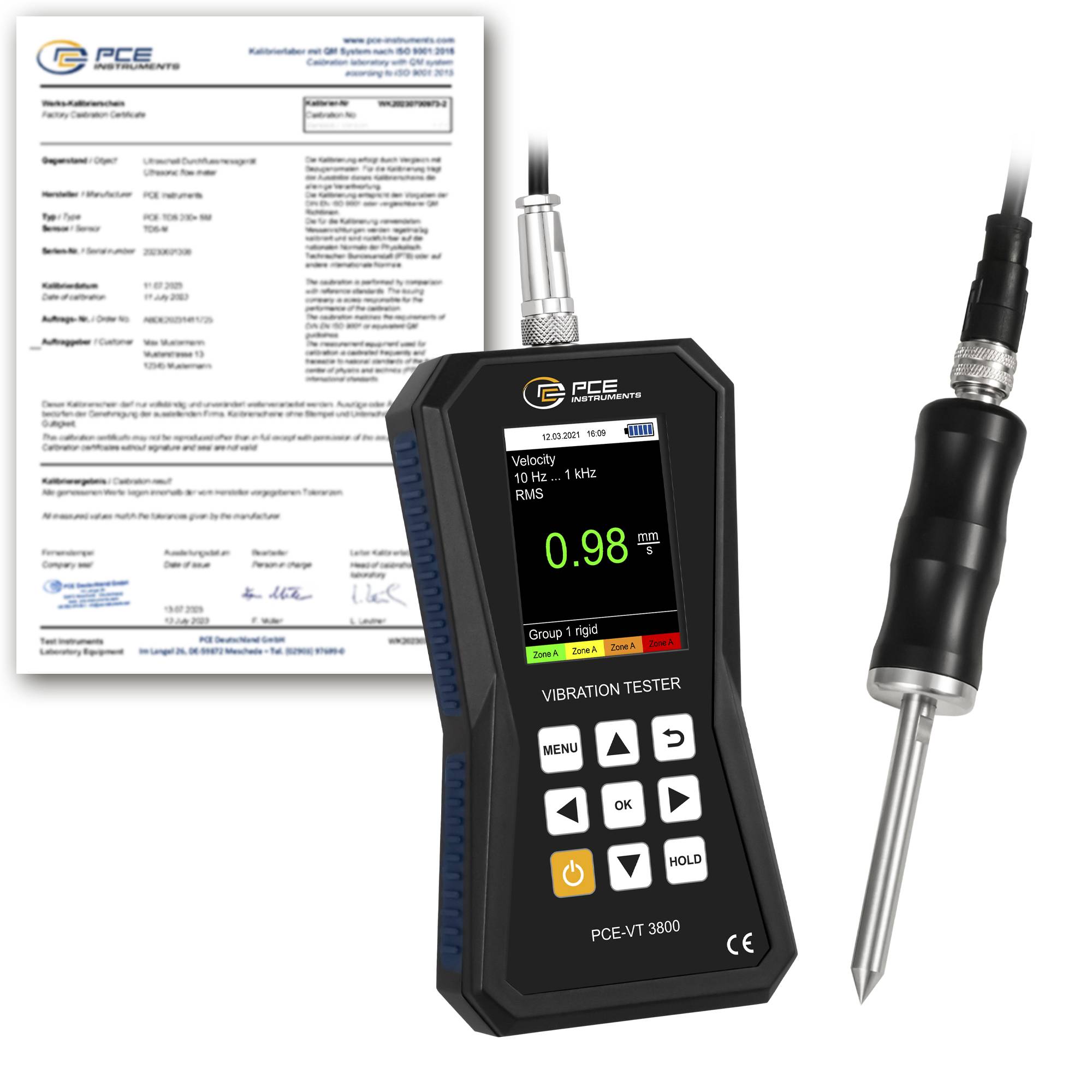 PCE Instruments Schwingungsmessgerät PCE-VT 3800S-ICA inkl. ISO-Zertifikat |Messspitze mit Handgriff |Software |Speicher