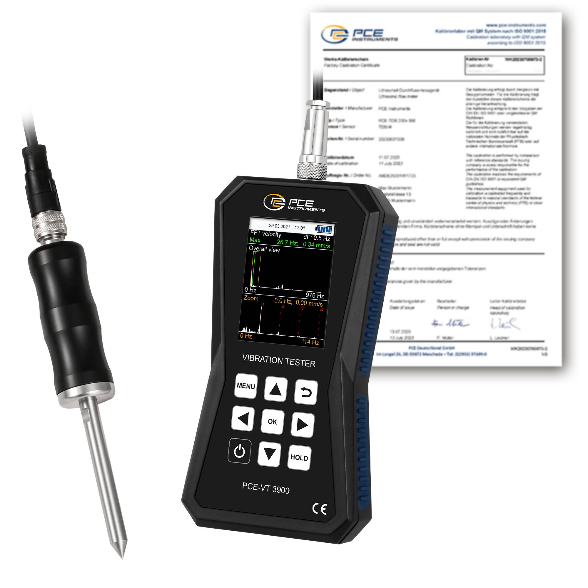 PCE Instruments Schwingungsmessgerät PCE-VT 3900S-ICA inkl. ISO-Zertifikat | Messspitze | FFT Analyse | Routenmessung