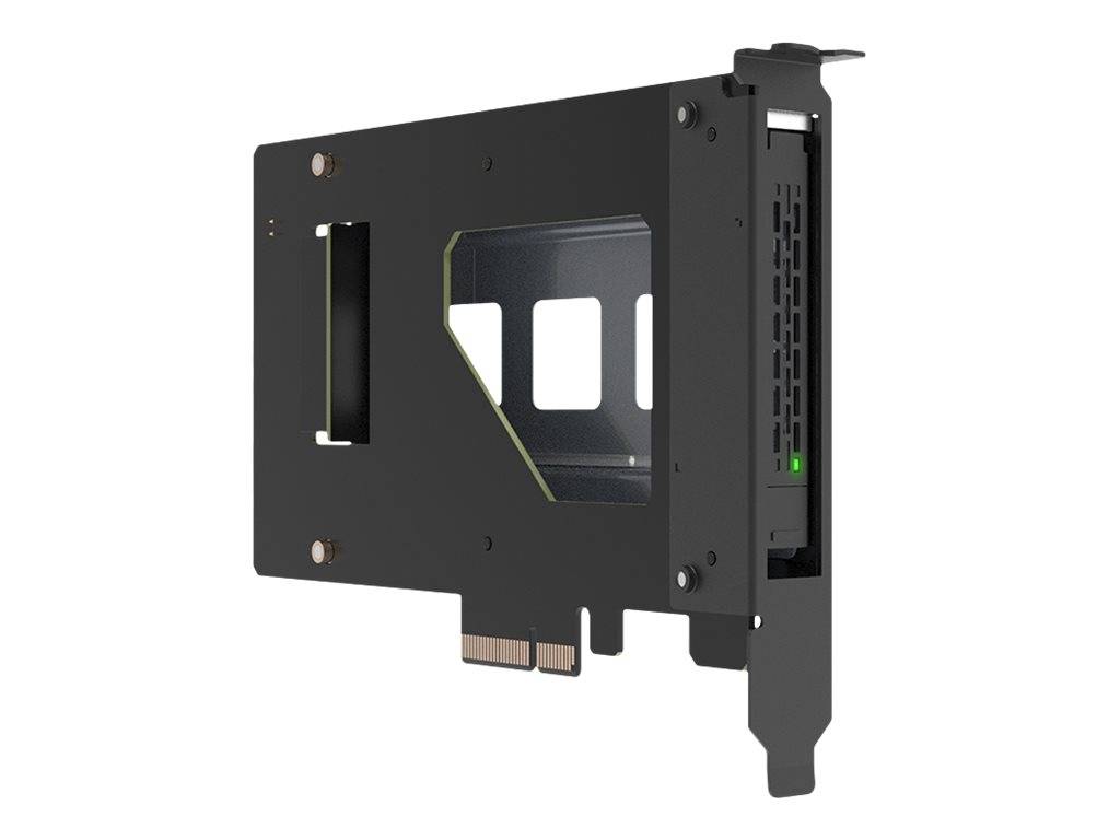 Schwarze PCIe-Erweiterungskarte mit großem rechteckigem Ausschnitt und belüftetem Seitenpanel, dargestellt auf weißem Hintergrund.