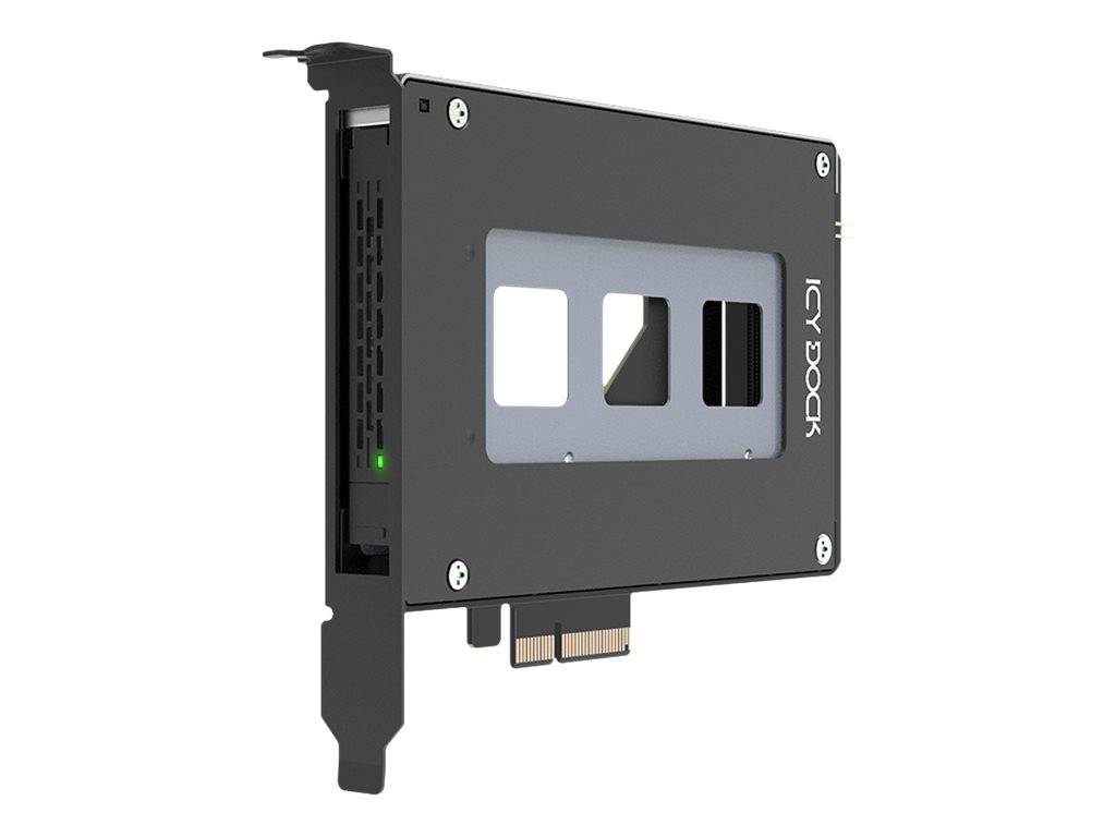 Schwarzer ICY DOCK PCIe-Laufwerk-Gehäuse-Adapter mit Metall-Frontplatte und Statusleuchte, dargestellt auf weißem Hintergrund.