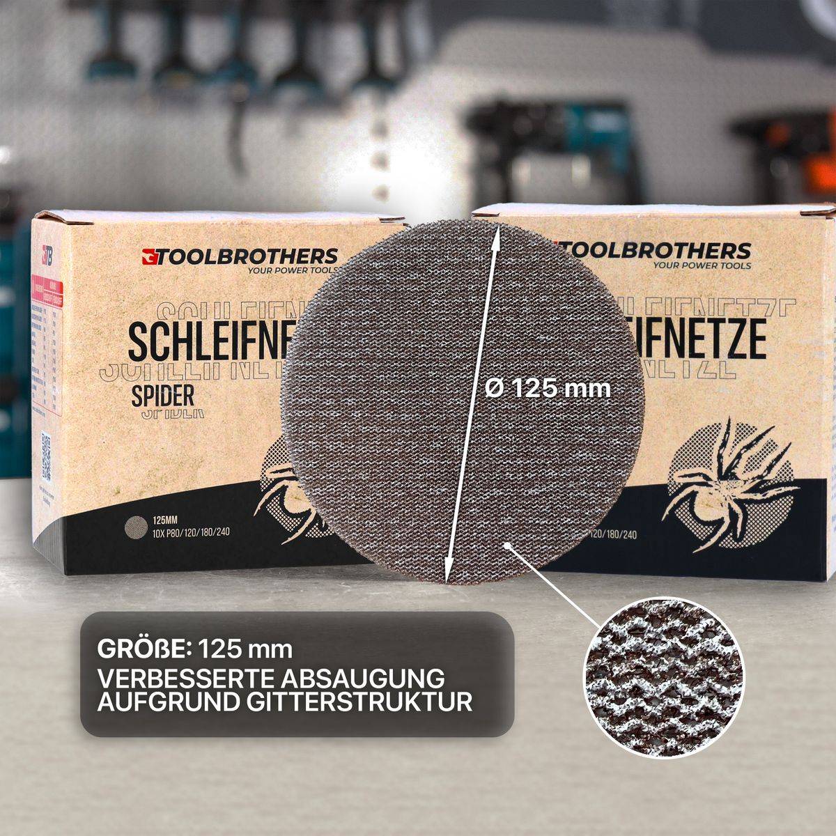 Toolbrothers SPIDER Schleifset Netzschleifmittel 4 Packungen 160x Schleifnetze 125mm Klett je 40x P80 / P120 / P180 / 240 für Hartholz, Weichholz