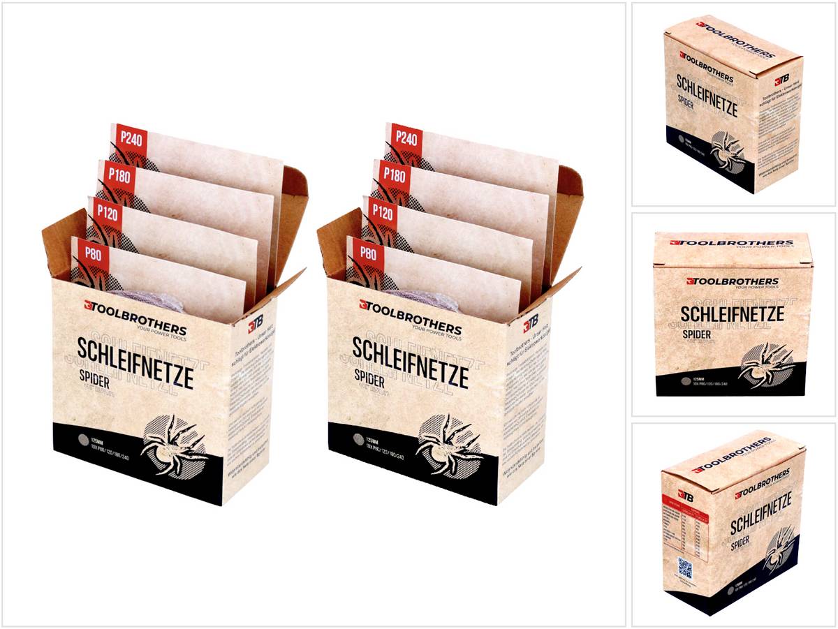 Toolbrothers SPIDER Schleifset Netzschleifmittel 2 Packungen 80x Schleifnetze 125mm Klett je 20x P80 / P120 / P180 / 240 für Hartholz, Weichholz
