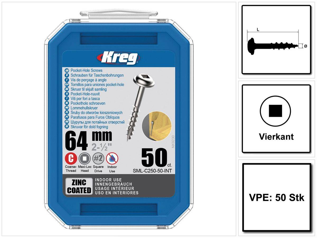 KREG Pocket-Hole Linsenkopfschraube 64 mm 50 Stk ( SML-C250-50 ) Vierkantantrieb Teilgewinde Grobgewinde selbstschneidend verzinkt