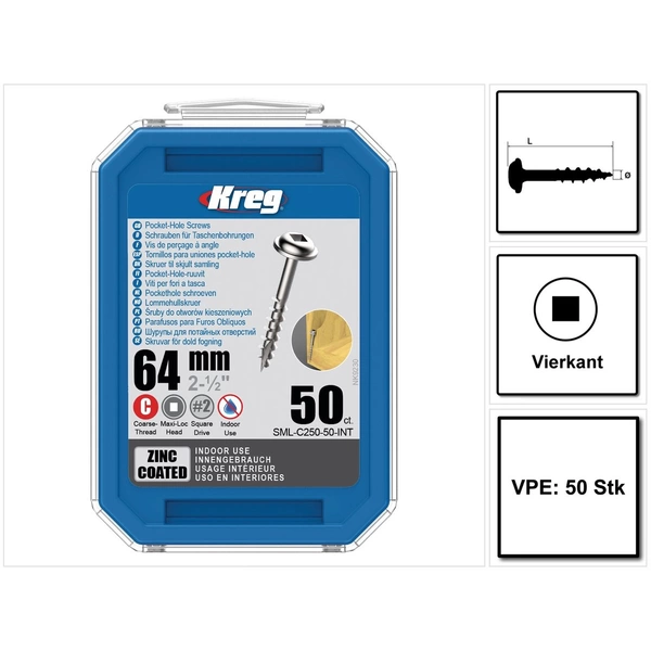 KREG Pocket-Hole Linsenkopfschraube 64 mm 50 Stk ( SML-C250-50 ) Vierkantantrieb Teilgewinde Grobgewinde selbstschneidend verzinkt KREG Pocket-Hole Linsenkopfschraube 64 mm 50 Stk ( SML-C250-50 ) Vierkantantrieb Teilgewinde Grobgewinde selbstschneidend verzinkt