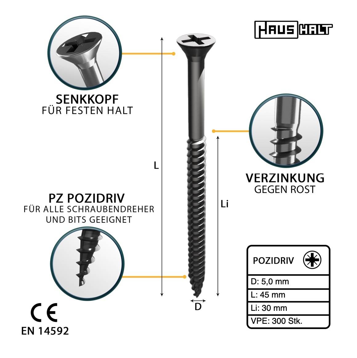 HausHalt Universal Holzbauschraube Holzschraube 5,0 x 45 mm PZ2 300 Stk. ( 000051371196 ) silber verzinkt Kreuzschlitz Pozidriv Senkkopf Teilgewinde