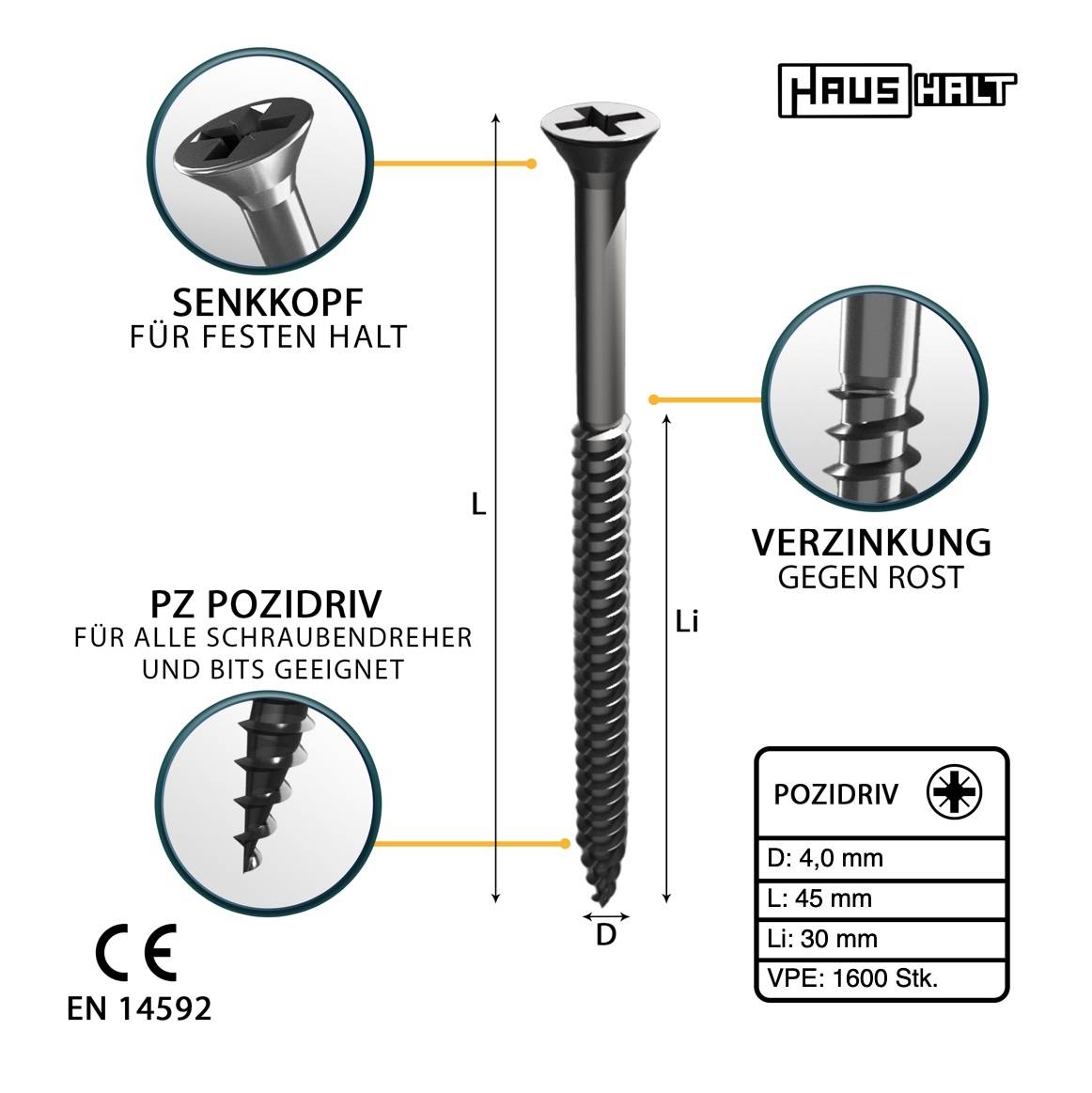 HausHalt Universal Holzbauschraube Holzschraube 4,0 x 45 mm PZ2 1600 Stk. ( 4x 000051371117 ) silber verzinkt Kreuzschlitz Pozidriv Senkkopf
