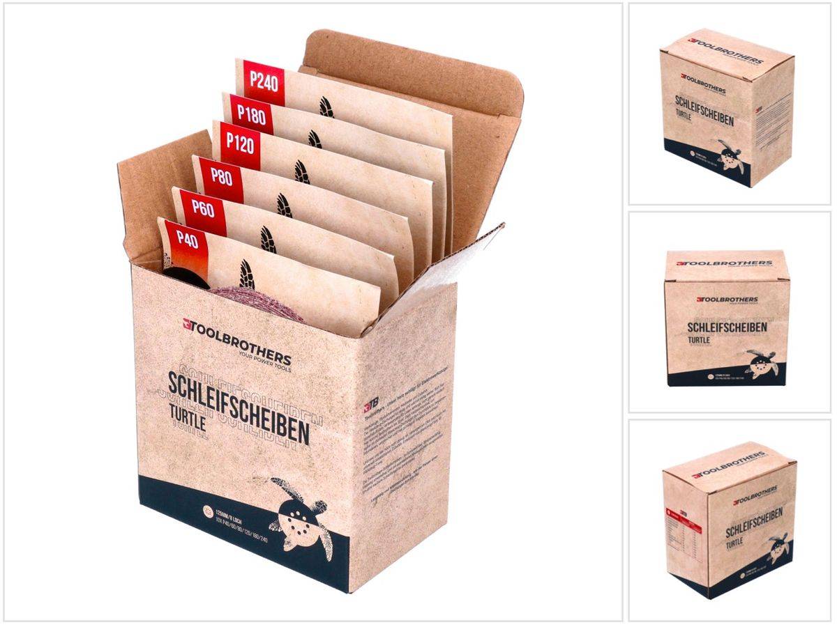 Toolbrothers TURTLE Schleifset 125mm Klett 8 Loch je 10x P40 / P60 / P80 / P120 / P180 / P240 für Hartholz, Weichholz, Lack, Stein, Stahl