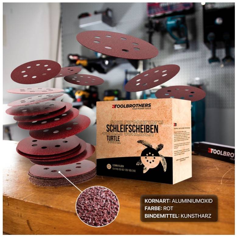 Toolbrothers TURTLE Schleifset 4 Packungen 240x Schleifscheiben 125mm Klett 8 Loch je 40x P40 / P60 / P80 / P120 / P180 / 240 für Hartholz
