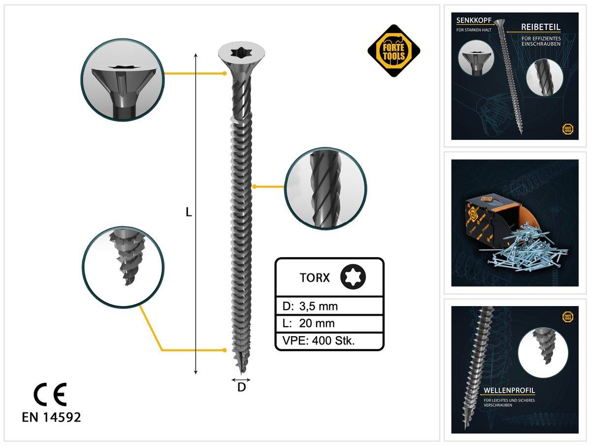 FORTE Tools Universal Holzschraube 3,5 x 20 mm T15 400 Stk. ( 2x 000040113861 ) silber verzinkt Torx Senkkopf Vollgewinde