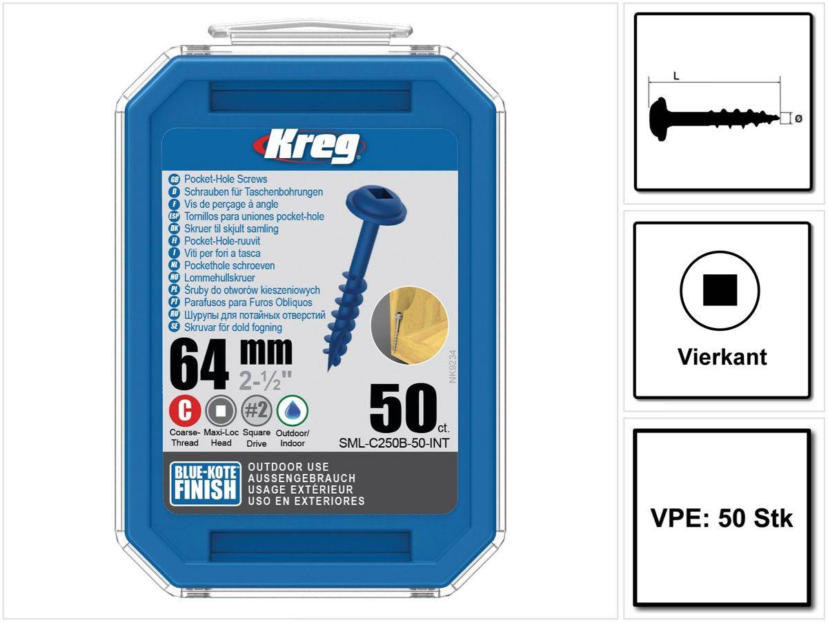 KREG Pocket-Hole Linsenkopfschraube 64 mm 50 Stk. outdoor ( SML-C250B-50 ) Vierkantantrieb Teilgewinde Grobgewinde selbstschneidend gebläut