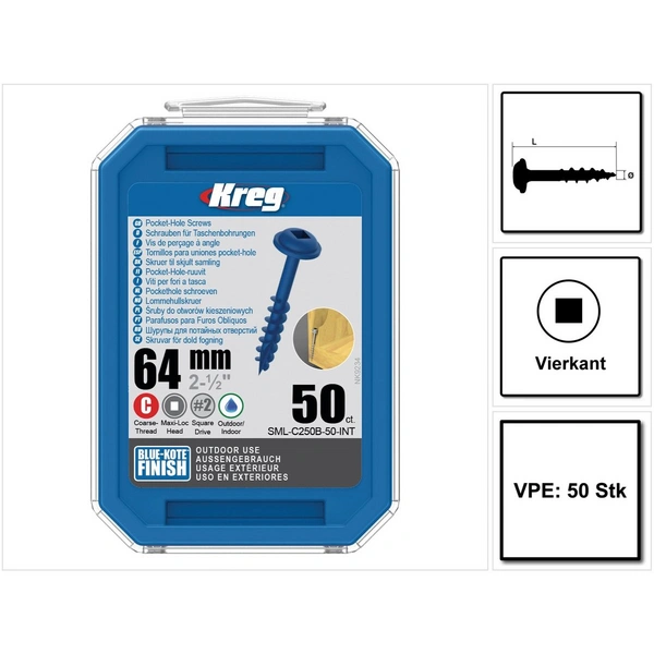 KREG Pocket-Hole Linsenkopfschraube 64 mm 50 Stk. outdoor ( SML-C250B-50 ) Vierkantantrieb Teilgewinde Grobgewinde selbstschneidend gebläut KREG Pocket-Hole Linsenkopfschraube 64 mm 50 Stk. outdoor ( SML-C250B-50 ) Vierkantantrieb Teilgewinde Grobgewinde selbstschneidend gebläut