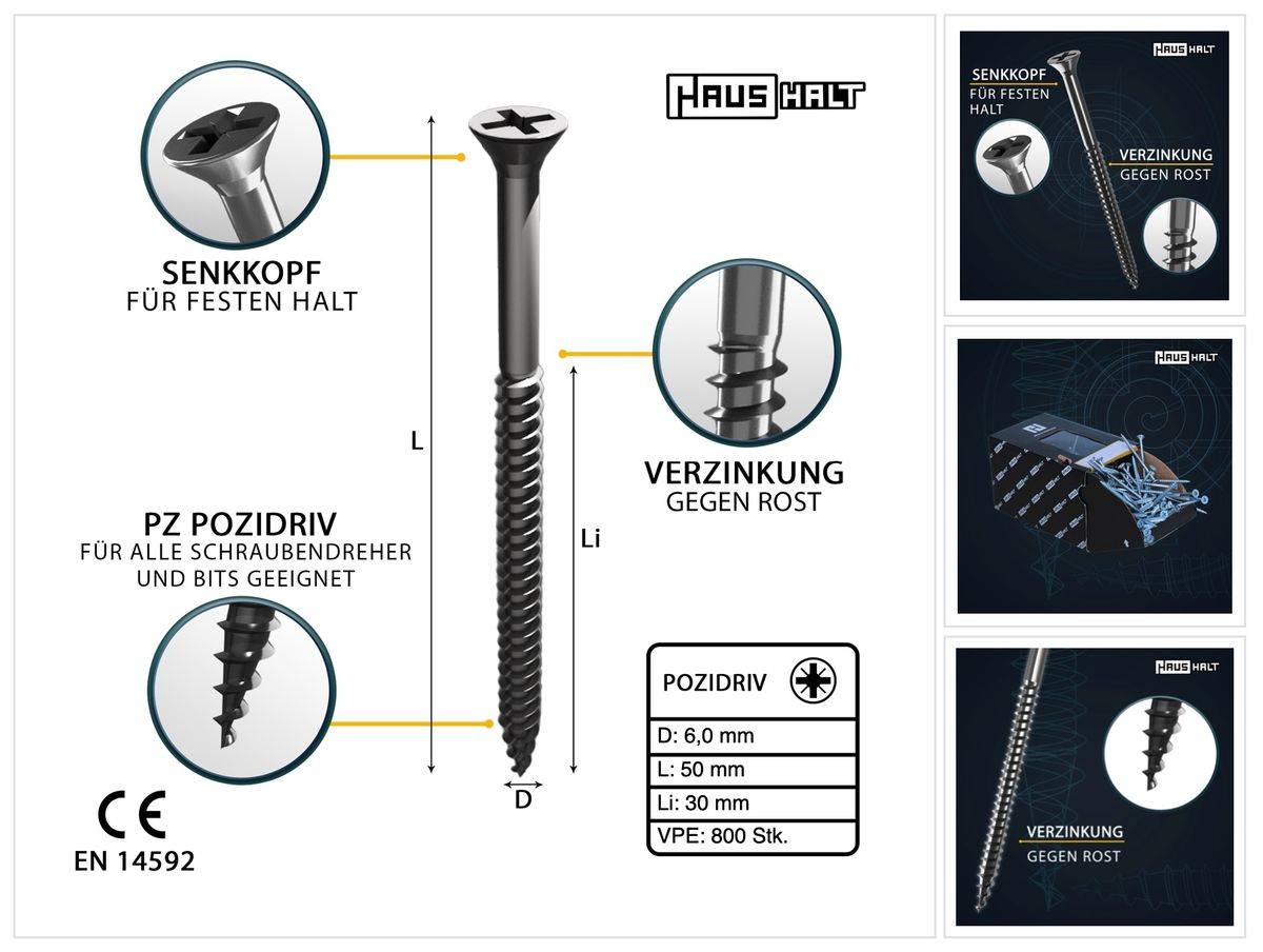 HausHalt Universal Holzbauschraube Holzschraube 6,0 x 50 mm PZ3 800 Stk. ( 4x 000051371227 ) silber verzinkt Kreuzschlitz Pozidriv Senkkopf