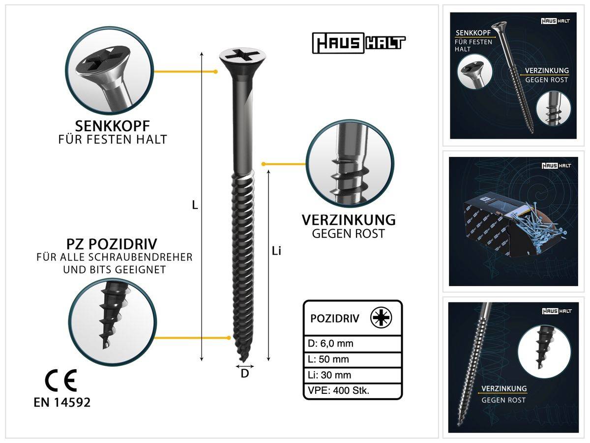 HausHalt Universal Holzbauschraube Holzschraube 6,0 x 50 mm PZ3 400 Stk. ( 2x 000051371227 ) silber verzinkt Kreuzschlitz Pozidriv Senkkopf