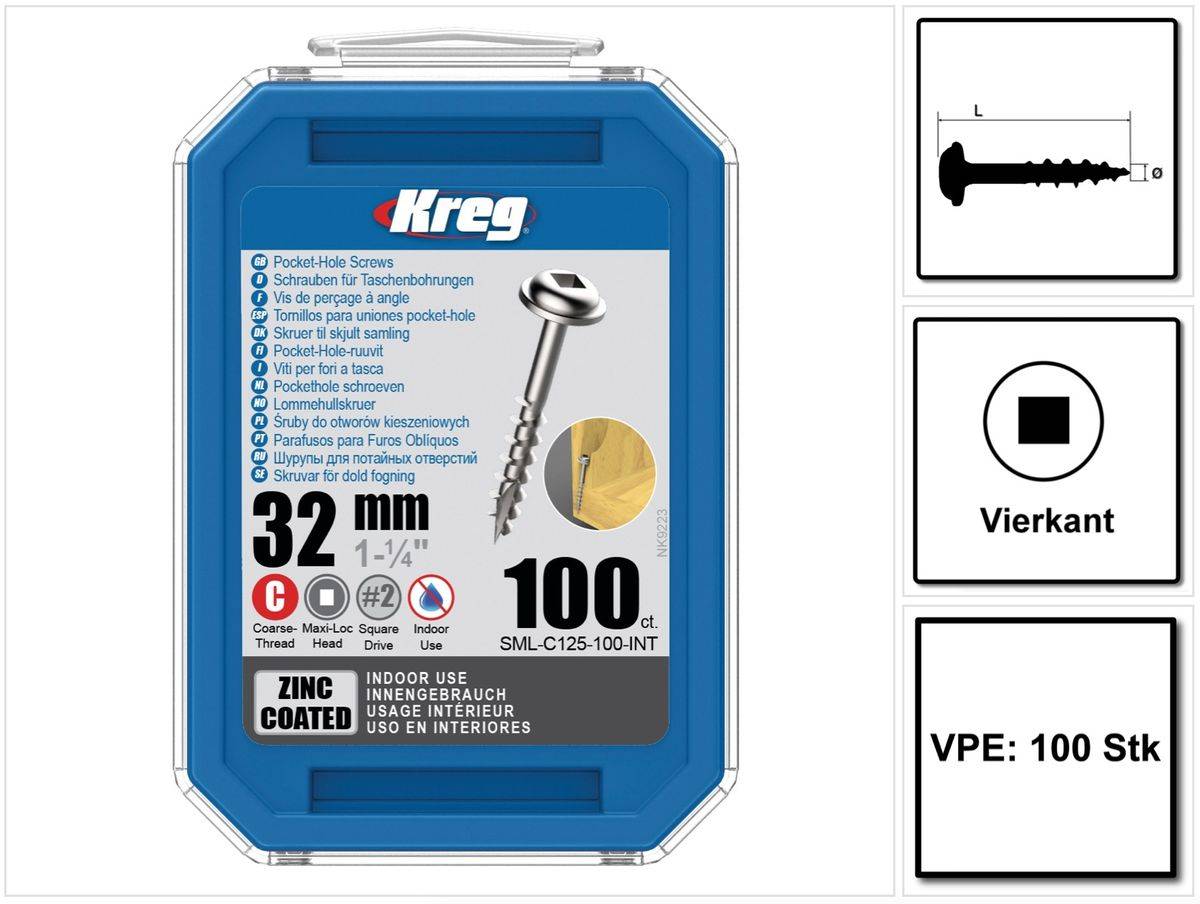 KREG Pocket-Hole Linsenkopfschraube 32 mm 100 Stk ( SML-C125-100 ) Vierkant Antrieb Teilgewinde Grobgewinde selbstschneidend verzinkt