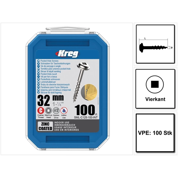 KREG Pocket-Hole Linsenkopfschraube 32 mm 100 Stk ( SML-C125-100 ) Vierkant Antrieb Teilgewinde Grobgewinde selbstschneidend verzinkt KREG Pocket-Hole Linsenkopfschraube 32 mm 100 Stk ( SML-C125-100 ) Vierkant Antrieb Teilgewinde Grobgewinde selbstschneidend verzinkt