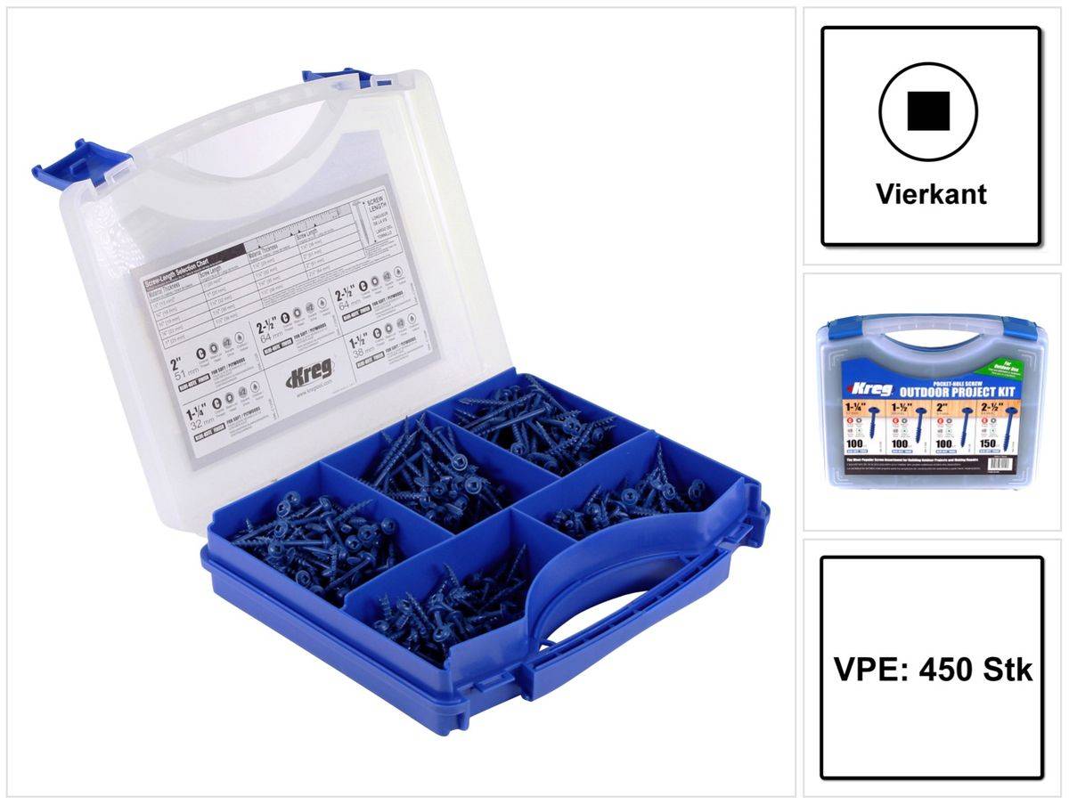 KREG SK03B Pocket-Hole Schrauben Sortiment 450 tlg. Vierkantantrieb Grobgewinde