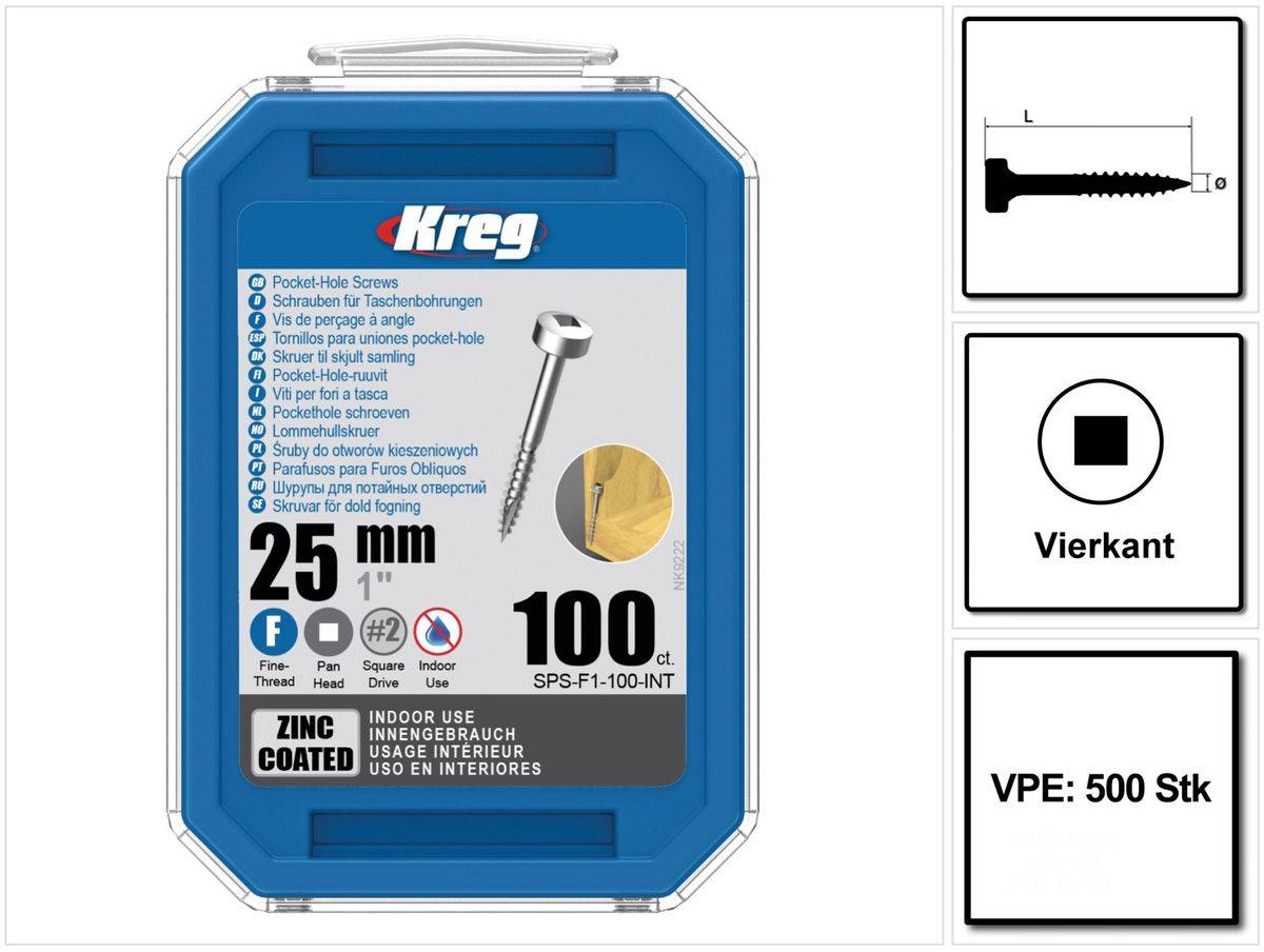 KREG Pocket-Hole Zylinderkopfschraube 25mm 500Stk. ( SPS-F1-500 ) Vierkant Antrieb Teilgewinde Feingewinde selbstschneidend verzinkt