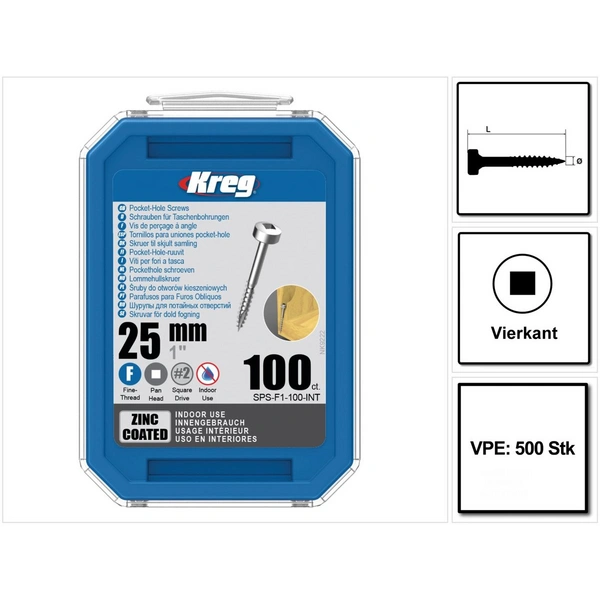KREG Pocket-Hole Zylinderkopfschraube 25mm 500Stk. ( SPS-F1-500 ) Vierkant Antrieb Teilgewinde Feingewinde selbstschneidend verzinkt KREG Pocket-Hole Zylinderkopfschraube 25mm 500Stk. ( SPS-F1-500 ) Vierkant Antrieb Teilgewinde Feingewinde selbstschneidend verzinkt