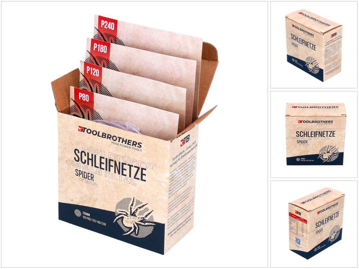 Toolbrothers SPIDER Schleifset Netz Schleifmittel Schleifnetze 125 mm Klett je 10x P80 / P120 / P180 / P240 für Hartholz, Weichholz, Lack, Stein