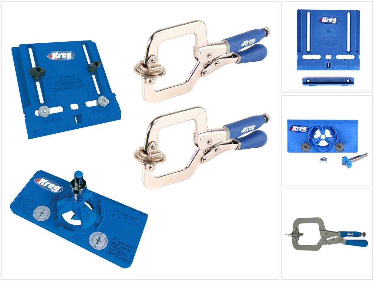 KREG Schrankbau-Set mit Cabinet Hardware Jig ( KHI-PULL ) + Concealed Hinge Jig ( KHI-HINGE ) + 2 x Schnellspannzwingen ( KHC-PREMIUM )