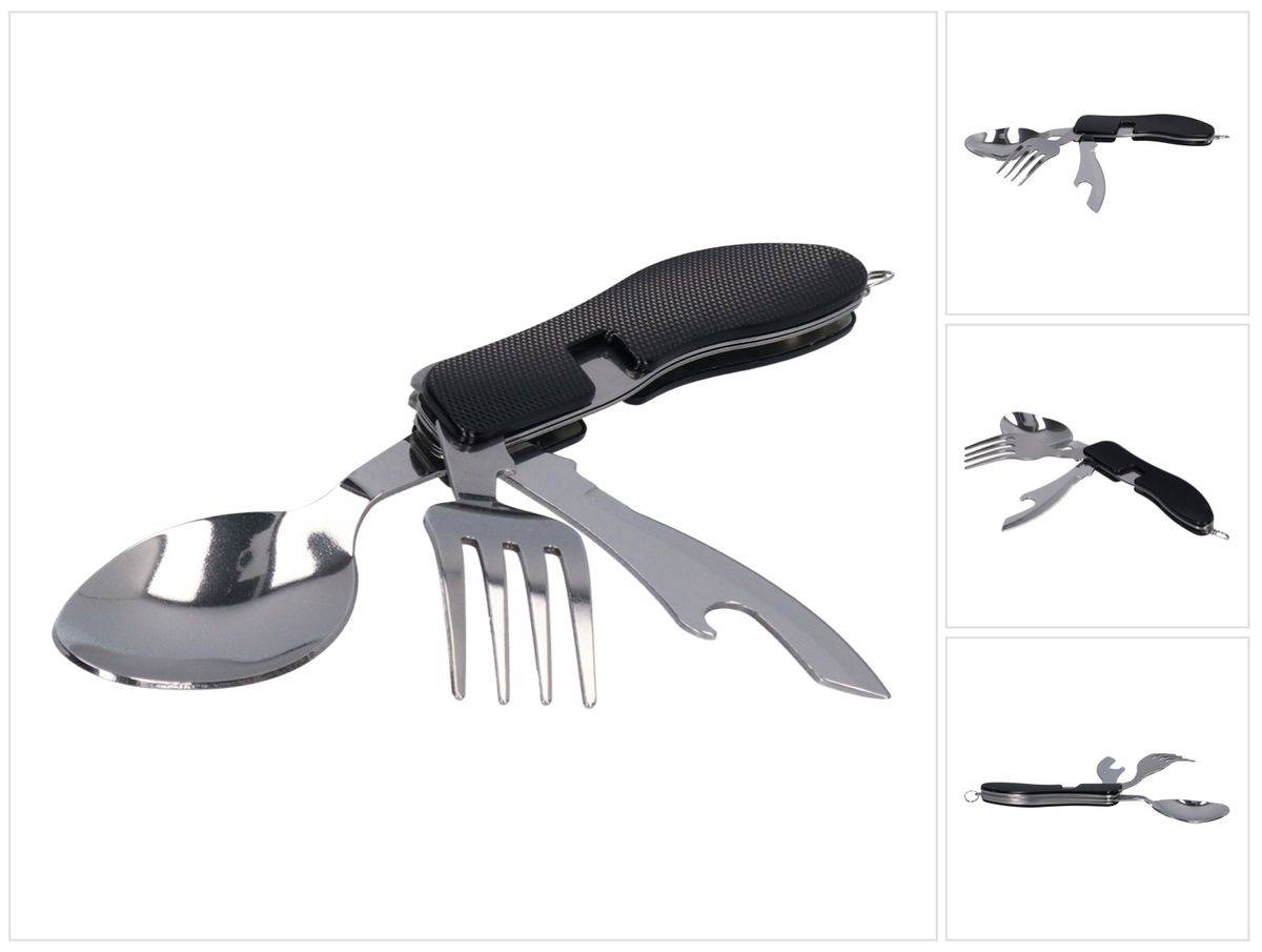 Toolbrothers 4 in 1 Multifunktions - Besteck Set in schwarz aus Löffel, Messer, Gabel, Flaschenöffner Campingausrüstung, faltbar, leicht zu reinige