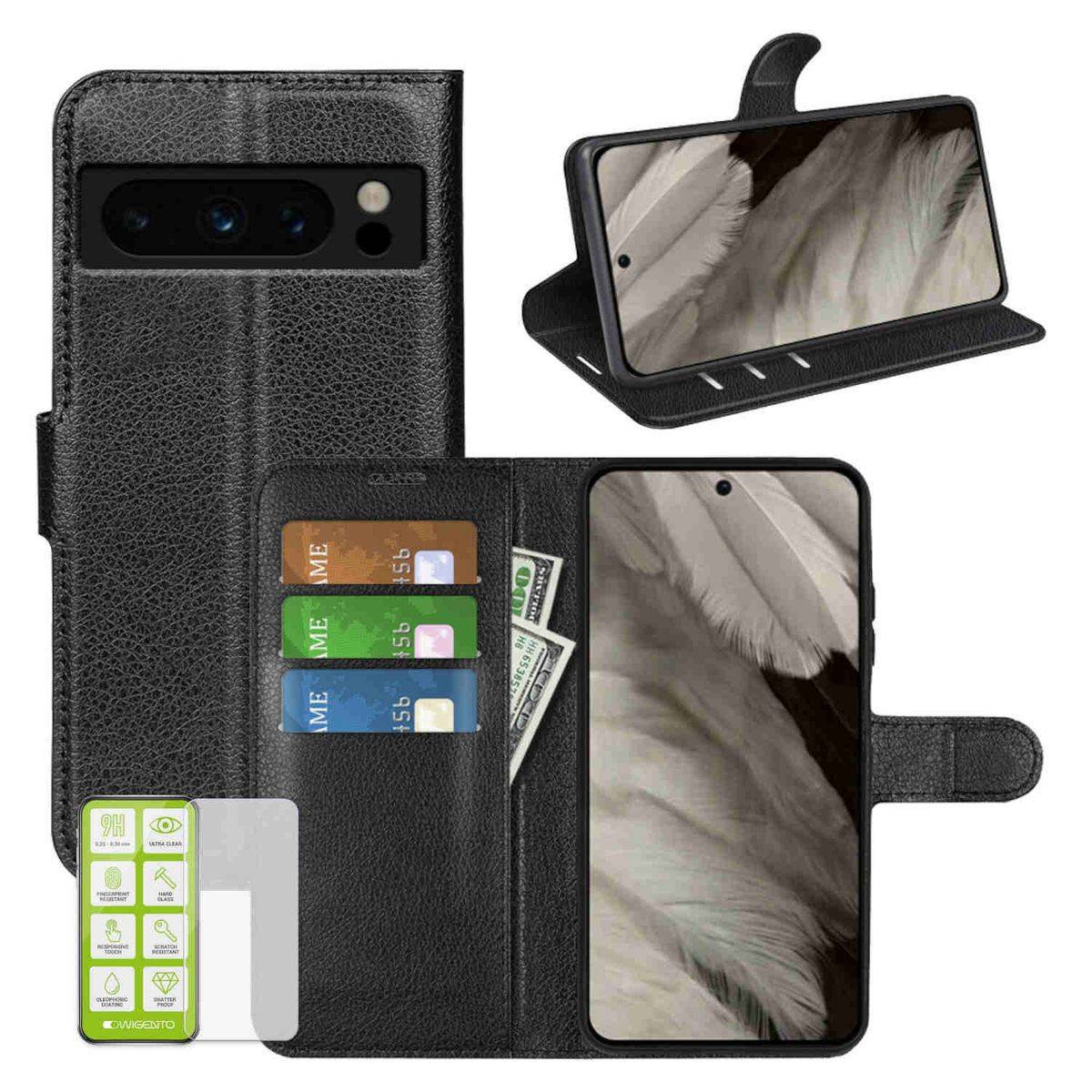 Für Google Pixel 8 Pro Produktset Handy Tasche Wallet + H9 4D Curved Hart Glas Schutz Hülle Case Cover Etuis Neu Zubehör Schwarz