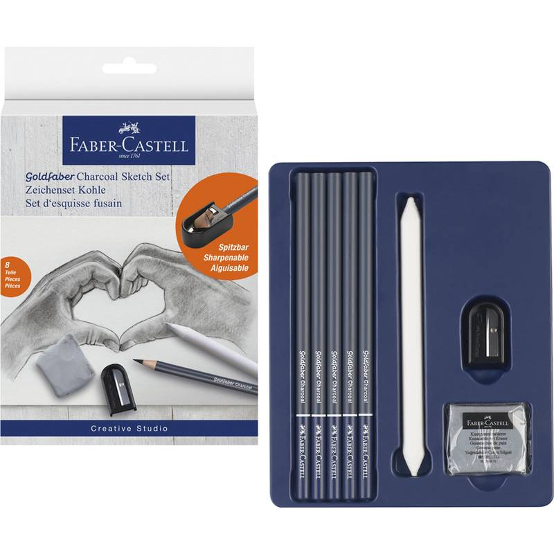 Faber-Castell Goldfaber Holzkohle-Skizzierset mit Bleistiften, weißem Stift, Radierer, Spitzer und Verpackung mit einer handgezeichneten Herzskizze.