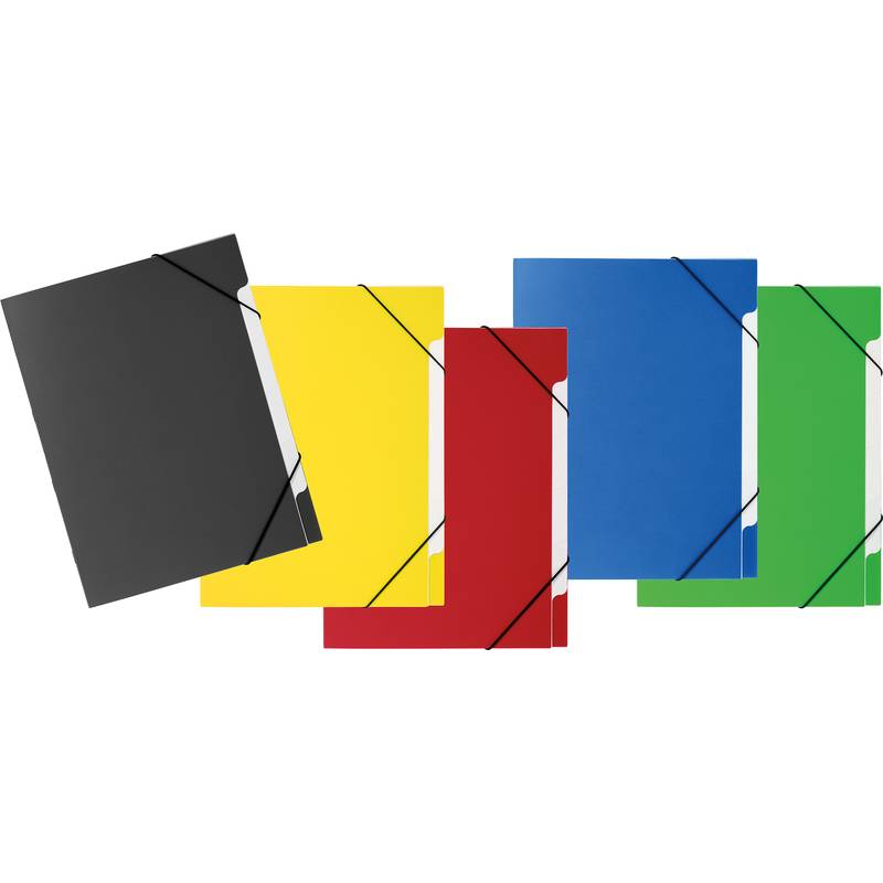 Fünf Dokumentenmappen in Schwarz, Gelb, Rot, Blau und Grün sind in einer Reihe angeordnet. Jede Mappe ist leicht geöffnet und zeigt ein weißes Papier im Inneren.
