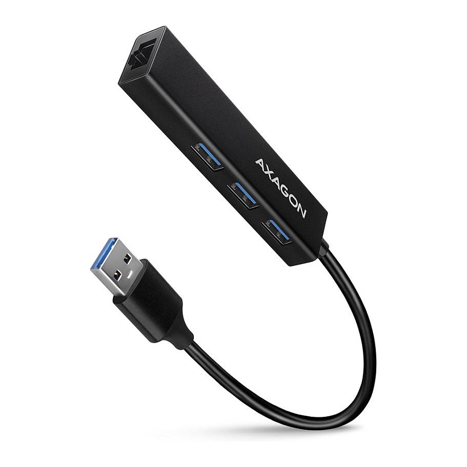 Schwarzer AXAGON USB 3.0 Hub-Adapter mit drei USB-A-Anschlüssen und einem kurzen angebrachten Kabel, das in einem USB-Stecker endet.